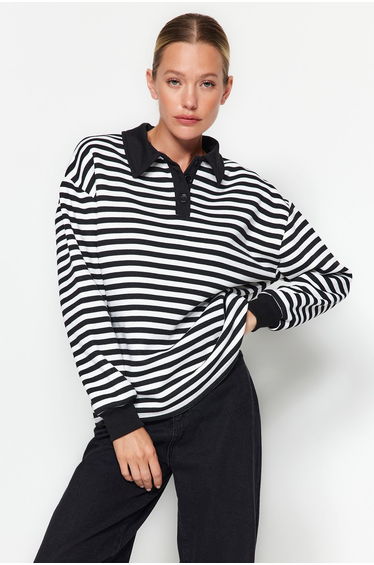 Black Striped Polo Neck Fleece Inside Oversized/Wide Knitted Sweatshirt