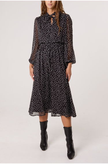 Polka Dot Tie Neck Midi Dress