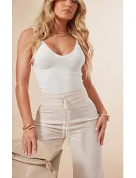 Stone Linen Feel Tie Front Straight Leg Trousers - 3