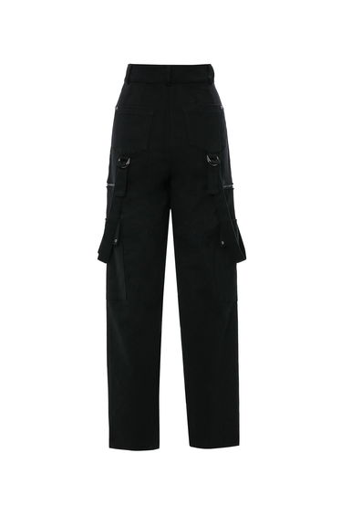 Cargo Pocket Striped Detail Straight-Cut Black Pants
