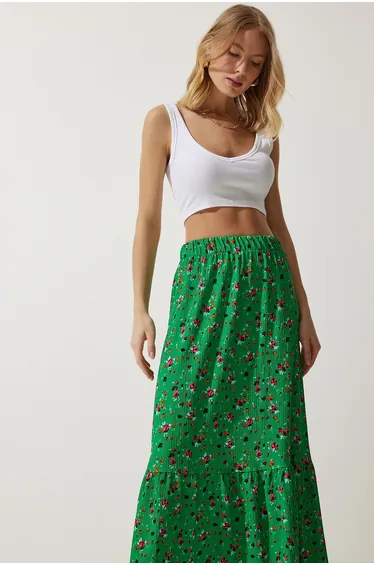 Women's Green Floral Flounce Viscose Skirt