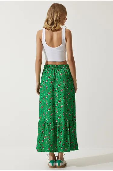 Women's Green Floral Flounce Viscose Skirt