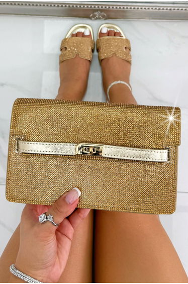 Lemonade Crystal Rhinestone Chain Strap Evening Clutch Bag Gold