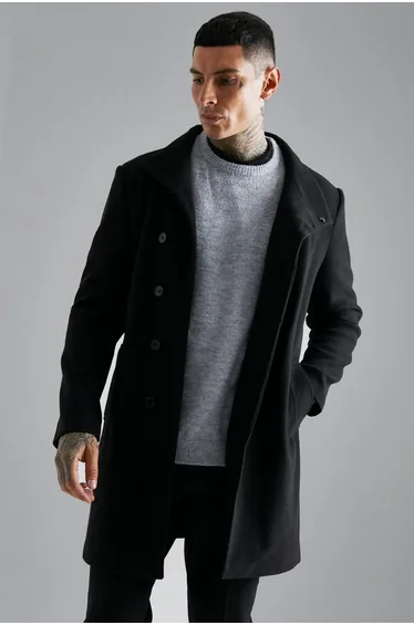 Funnel Neck Wool Look Overcoat - black