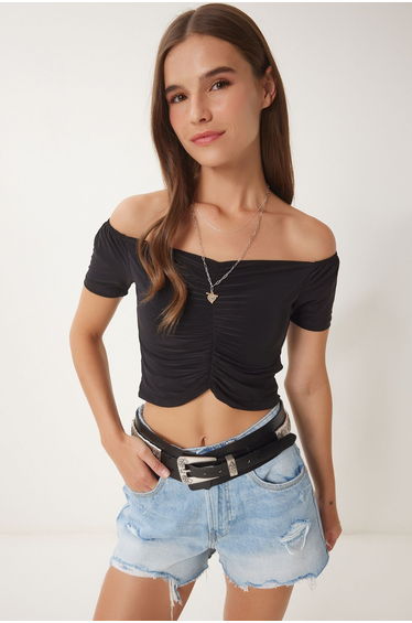 Women's Black Gather Detailed Crop Sandy Blouse