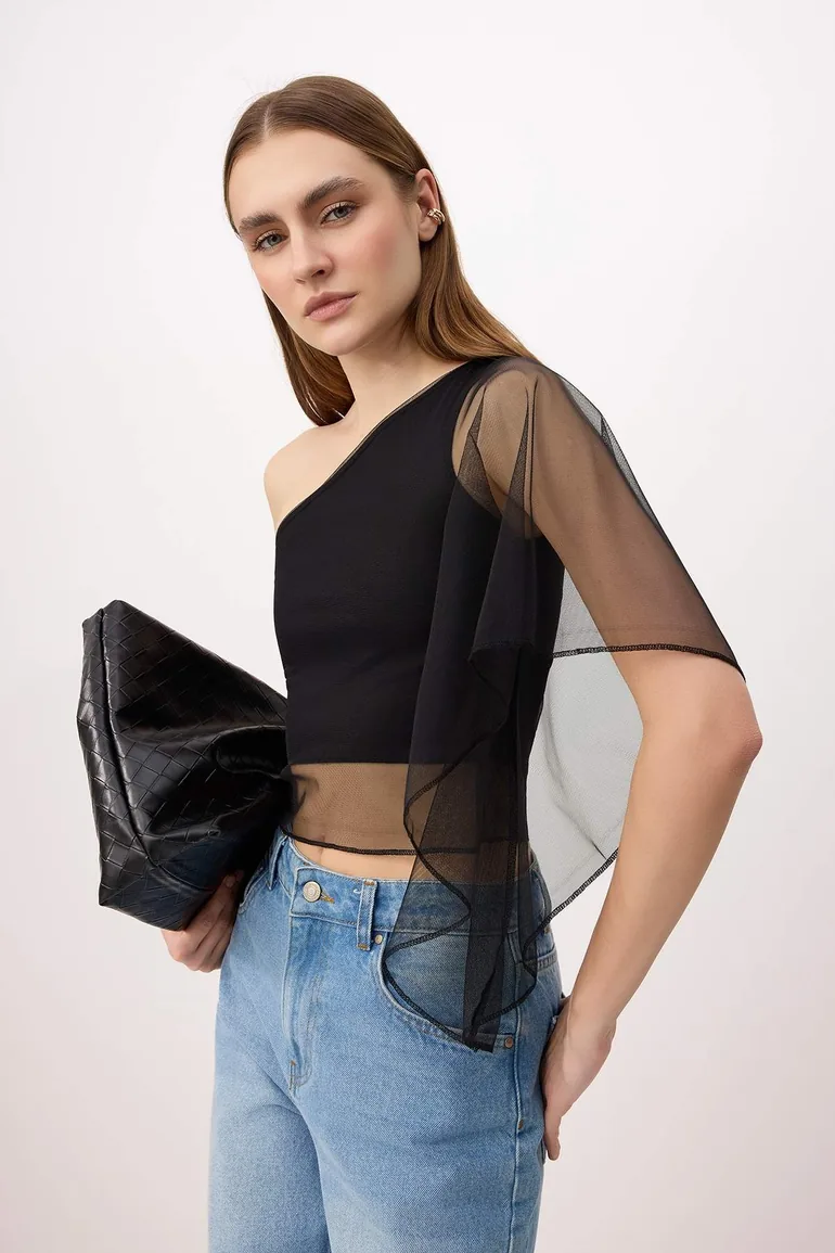 Black Plain Regular Asymmetric Neckline Ruched /Ruffle Sleeve Long Ruched Tulle Knitted Blouse - 1