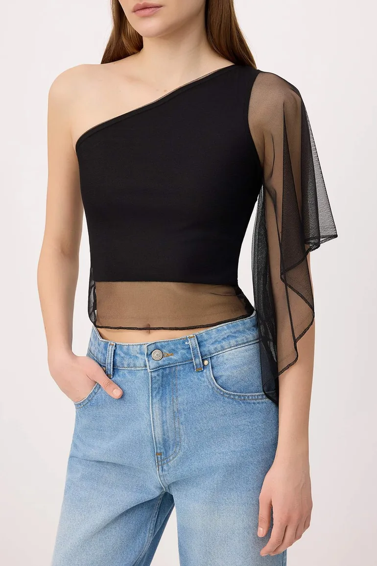 Black Plain Regular Asymmetric Neckline Ruched /Ruffle Sleeve Long Ruched Tulle Knitted Blouse - 2
