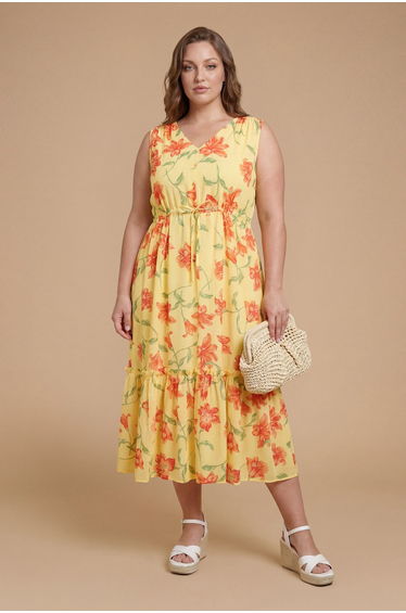 Curve Floral Sleeveless Drawstring Waist Tiered Maxi Dress