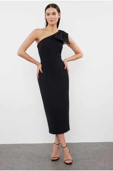 Black Fitted One-Shoulder Elegant Evening Dress with Bow Detail