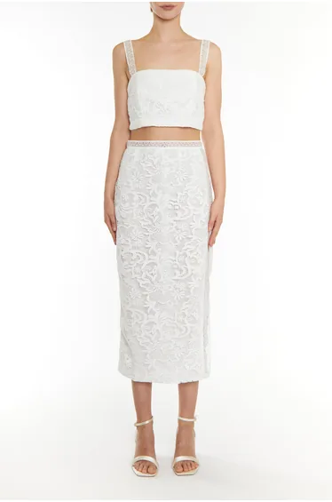 Celine Co-ord White Square-neck Lace Trim Crop Top