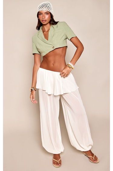 Sage Linen Open Back Crop Short Sleeve Blazer