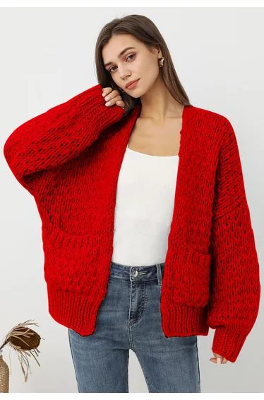 Chunky Hand Knit Patch Pocket Open Front Cardigan in Red