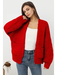 Chunky Hand Knit Patch Pocket Open Front Cardigan in Red