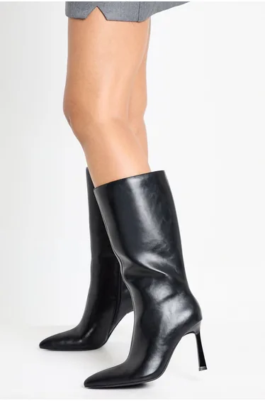Pointed Stiletto Calf High Shoe Boots - black