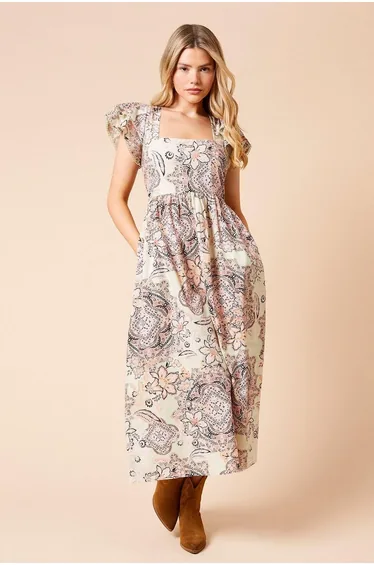 Paisley Lace Trim Ruffle Sleeve Poplin Midi Dress