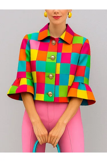 Loose Three-Quarter Sleeves Buttoned Plaid Lapel Outerwear