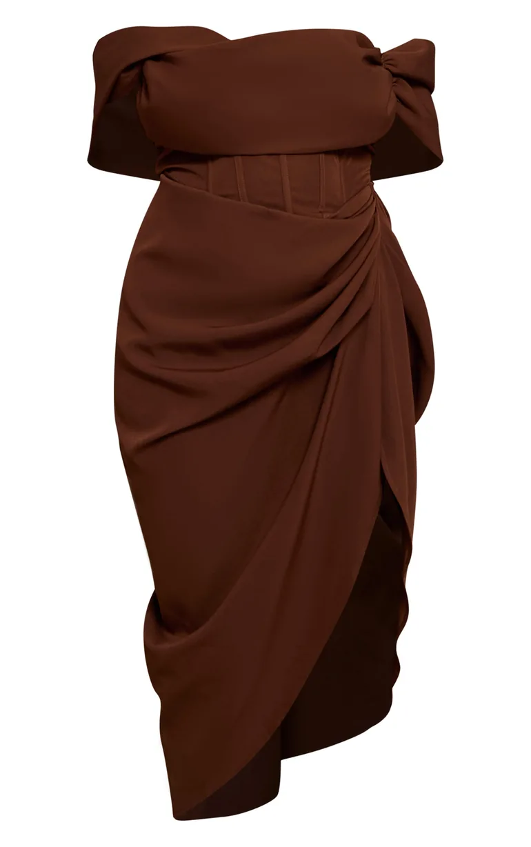 chocolate corset bardot draped midi dress Bardot tie back corset maxi dress in chocolate