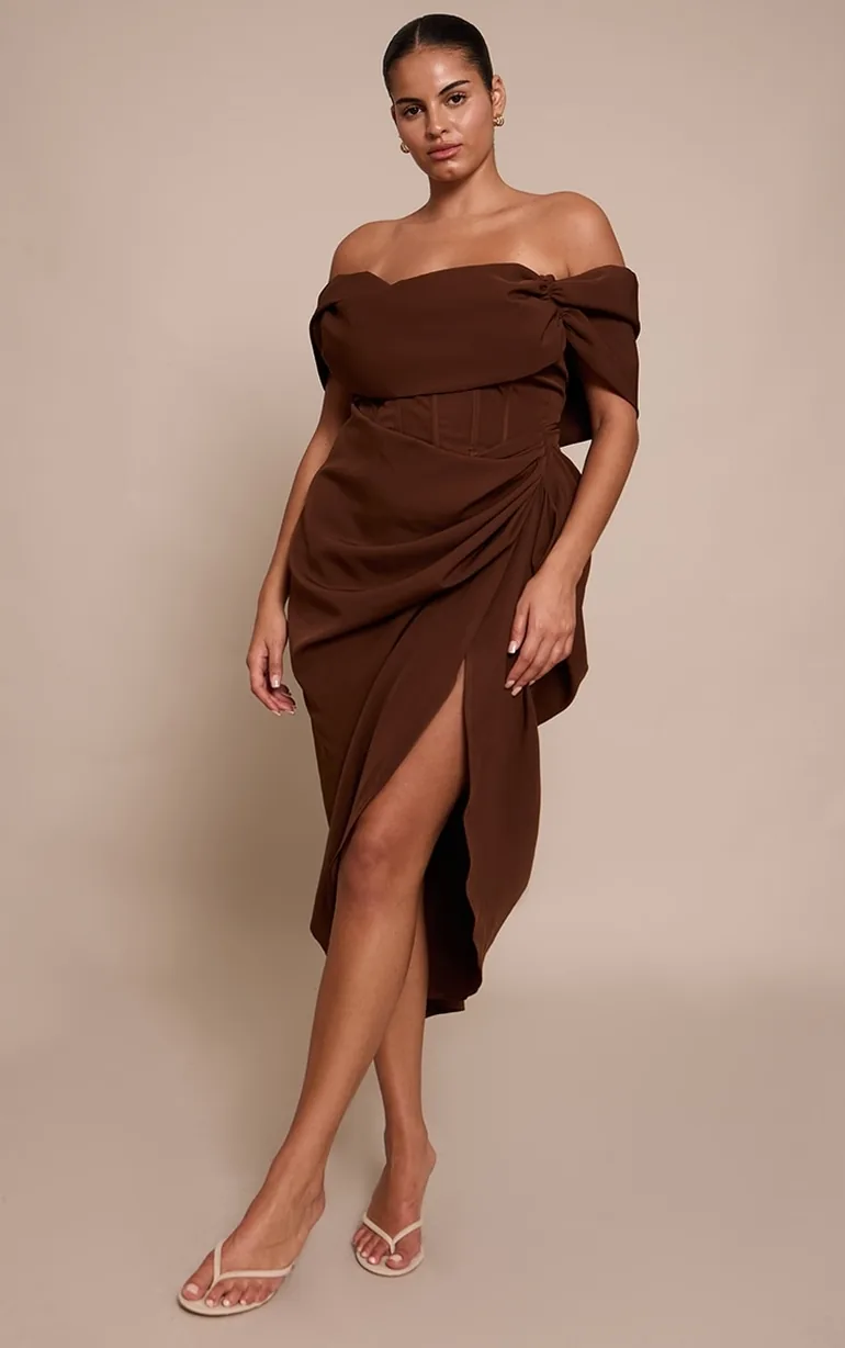brown draped midi dress Plus Chocolate Corset Bardot Draped Midi Dress Prettylittlething Brown :  Dresses : VogaCloset Oman