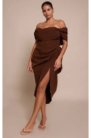 Plus Chocolate Corset Bardot Draped Midi Dress