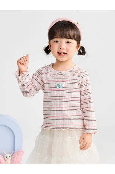 Girls' Striped Long Sleeve Top With Embroidery