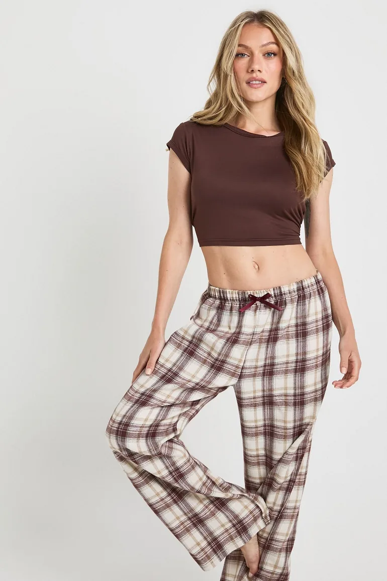 Petite Brushed Check Baby Tee & Trousers Pyjama Set - chocolate