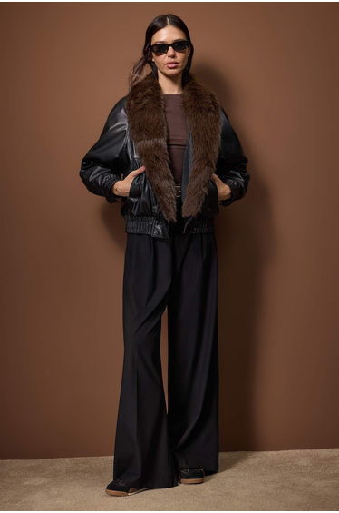 Black oversize faux fur detailed bomber jacket coat