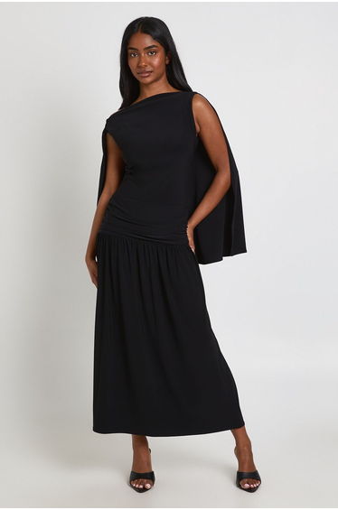 Cape Detail Dropped Waist Maxi Dress - black