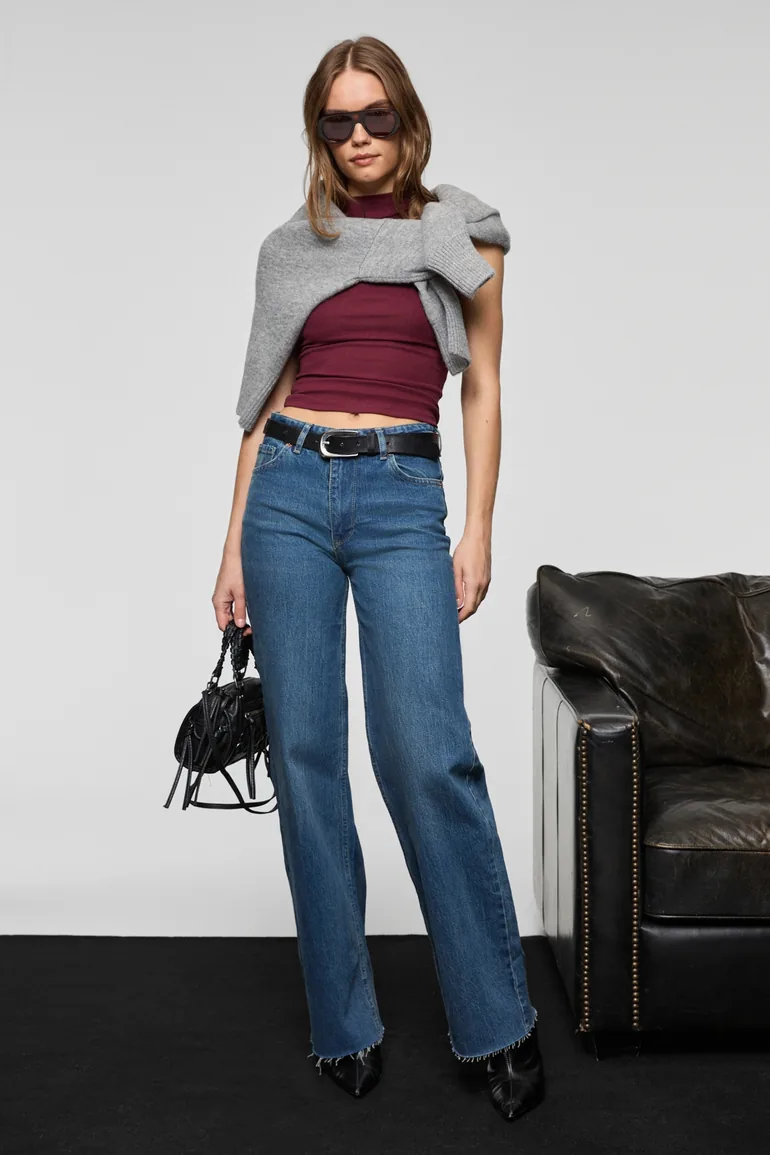 GRIMELANGE FABLE Women's Straight Fit Seamless Hem Dark Blue Denim Jeans - 1