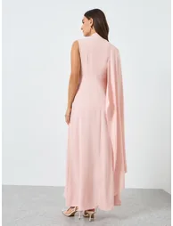 Women Pink Cape Long Sleeves A-Line Maxi Dress - 4