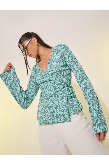 Green Floral Printed Wrap Top
