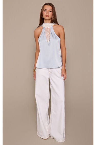 Light Blue Satin Contrast Lace Scarf Long Top