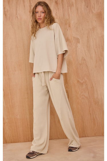 Oatmeal Acid Wash Rib Panel Straight Leg Joggers