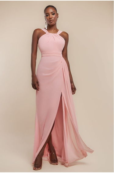 Goddiva Halterneck Thigh Split Chiffon Maxi Dress