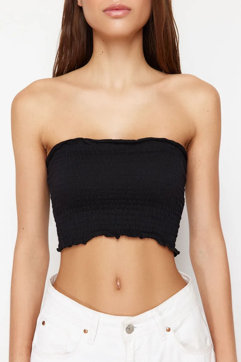 Black Strapless Gimped Crop Stretchy Knitted Blouse - 3