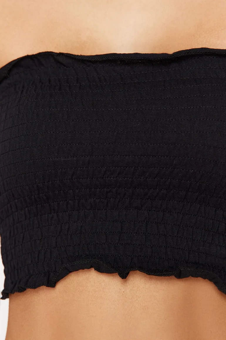 Black Strapless Gimped Crop Stretchy Knitted Blouse - 4