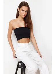 Black Strapless Gimped Crop Stretchy Knitted Blouse