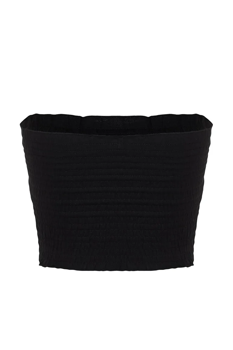 Black Strapless Gimped Crop Stretchy Knitted Blouse - 7