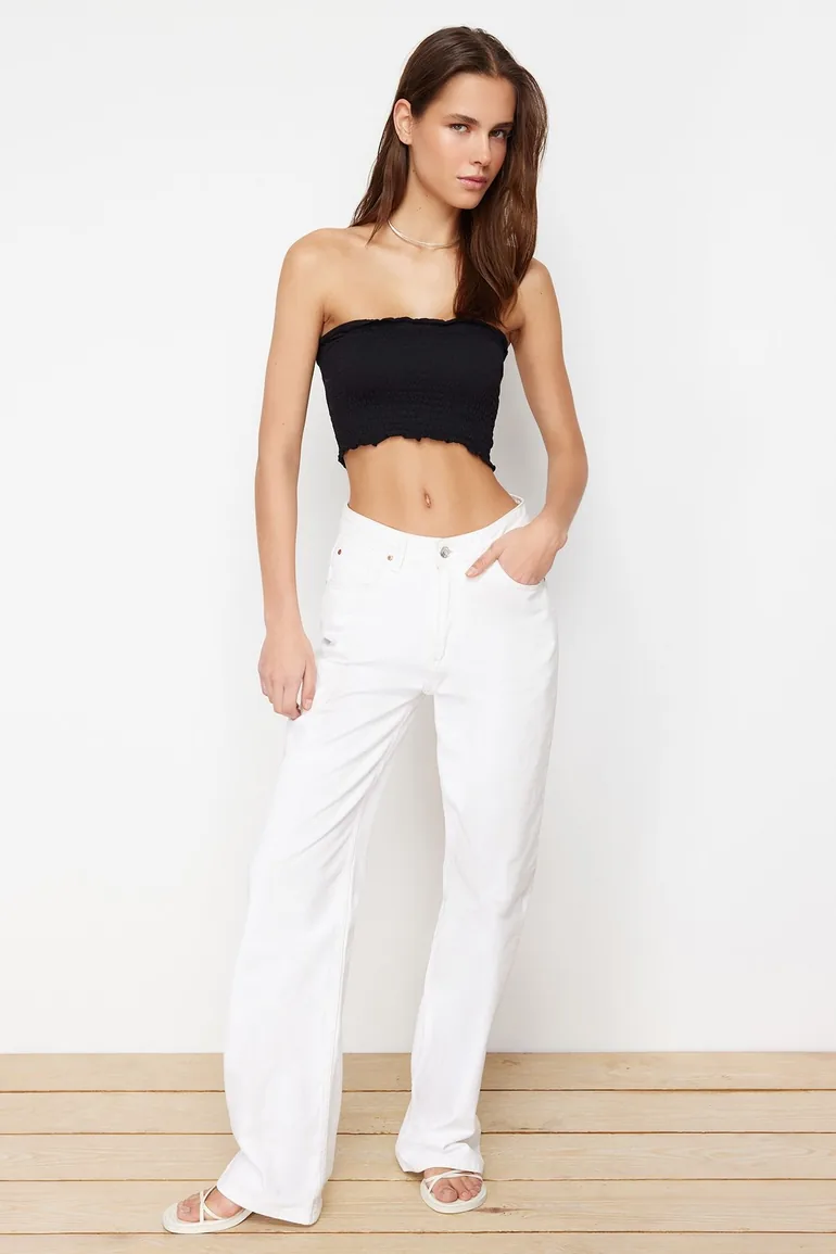 Black Strapless Gimped Crop Stretchy Knitted Blouse - 1