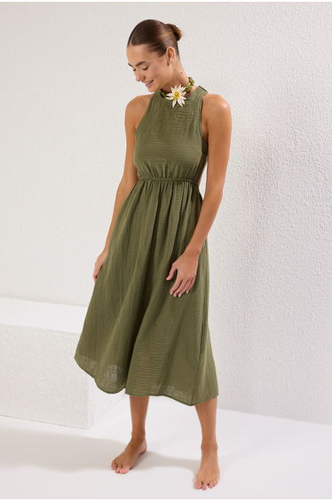 Green Maxi Woven Backless Muslin Beach Dress