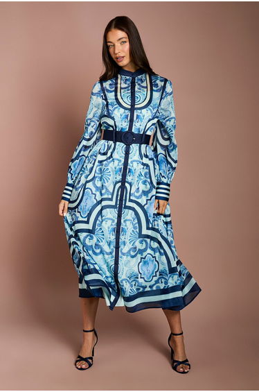 Lisa Tan Organza Belted Shirt Dress