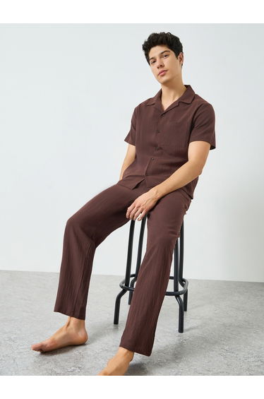 Men Coffee Brown Textured Shirt and Pyjama Set
