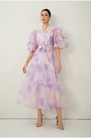 فستان سانفير قميص شيفون بنفسجي ماكسي على شكل حرف A