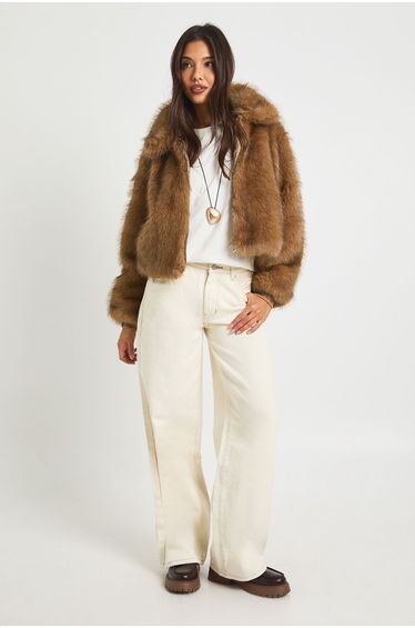 Faux Fur Oversized Collar Bomber Jacket - camel