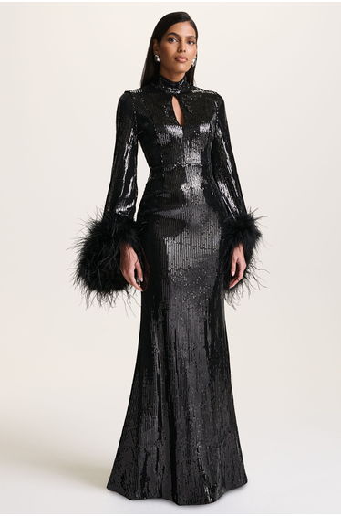 Cosmic Star | Black Sequin High-Neck Maxi Dress With Feather Cuffs