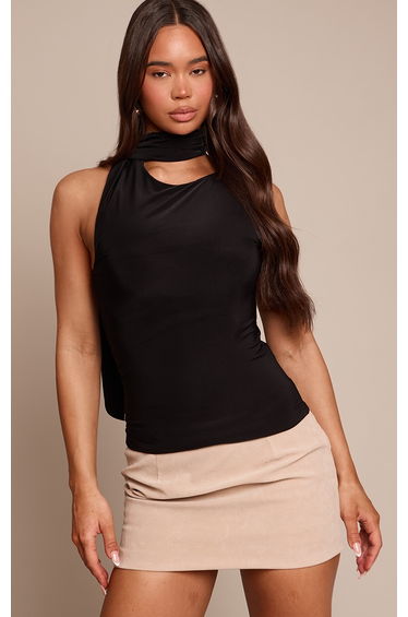 Black Double Layer Slinky Scarf Detail Top