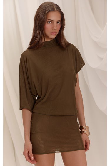 Golden Olive Mesh Draped Sleeve Bodycon Dress