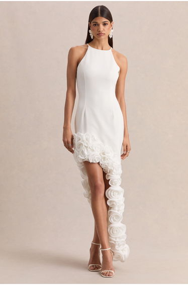 Indira | White Halter-Neck Maxi Dress With Asymmetric-Floral Hem