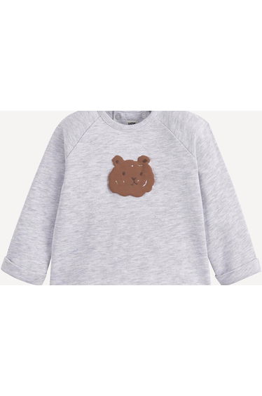 Crew Neck Fleece Sweatshirt with Embossed Teddy Bear Print On Front and Press Stud Fastening On Back