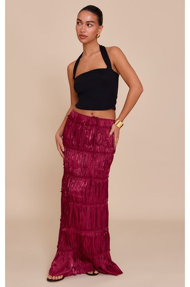 Deep Red Drawstring Frill Tiered Maxi Skirt