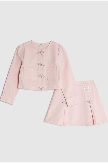 Girls Pink Denim Diamante Bow Skirt Set